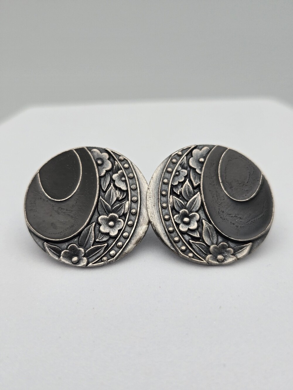 Vintage Duri Art Deco Revival Flower Earrings Silver Tone Black Onyx Style Signe